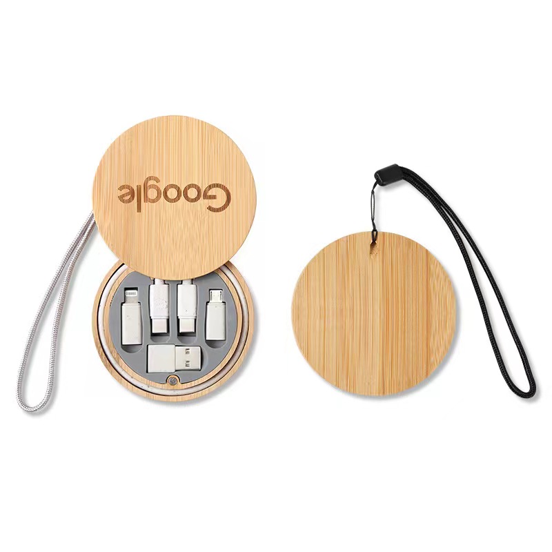Round shape bamboo cable set IOS micro type C 4 in 1 cable set Multi USB Adapter Kit Bamboo Storage Box Fast Charging Pocket Cable Kit Convertor USB C to Type C/Micro Adapter Gift