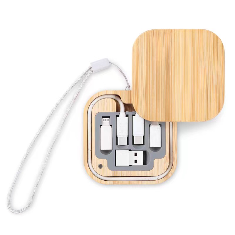 Customized logo bamboo cable set with laser logo 3 in 1 cable  USB Cable Set Multifunctional 6 in 1 Bamboo Type C Charging Data Cable