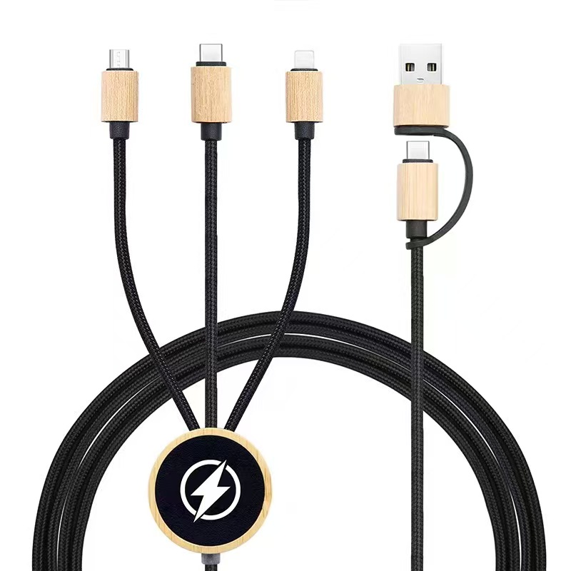 1.2m LED logo nylon cable with bambaoo material for promotion OEM Luminous Logo 3 in 1 Mobile Phone Cable Bamboo Multi Function Phone Charger